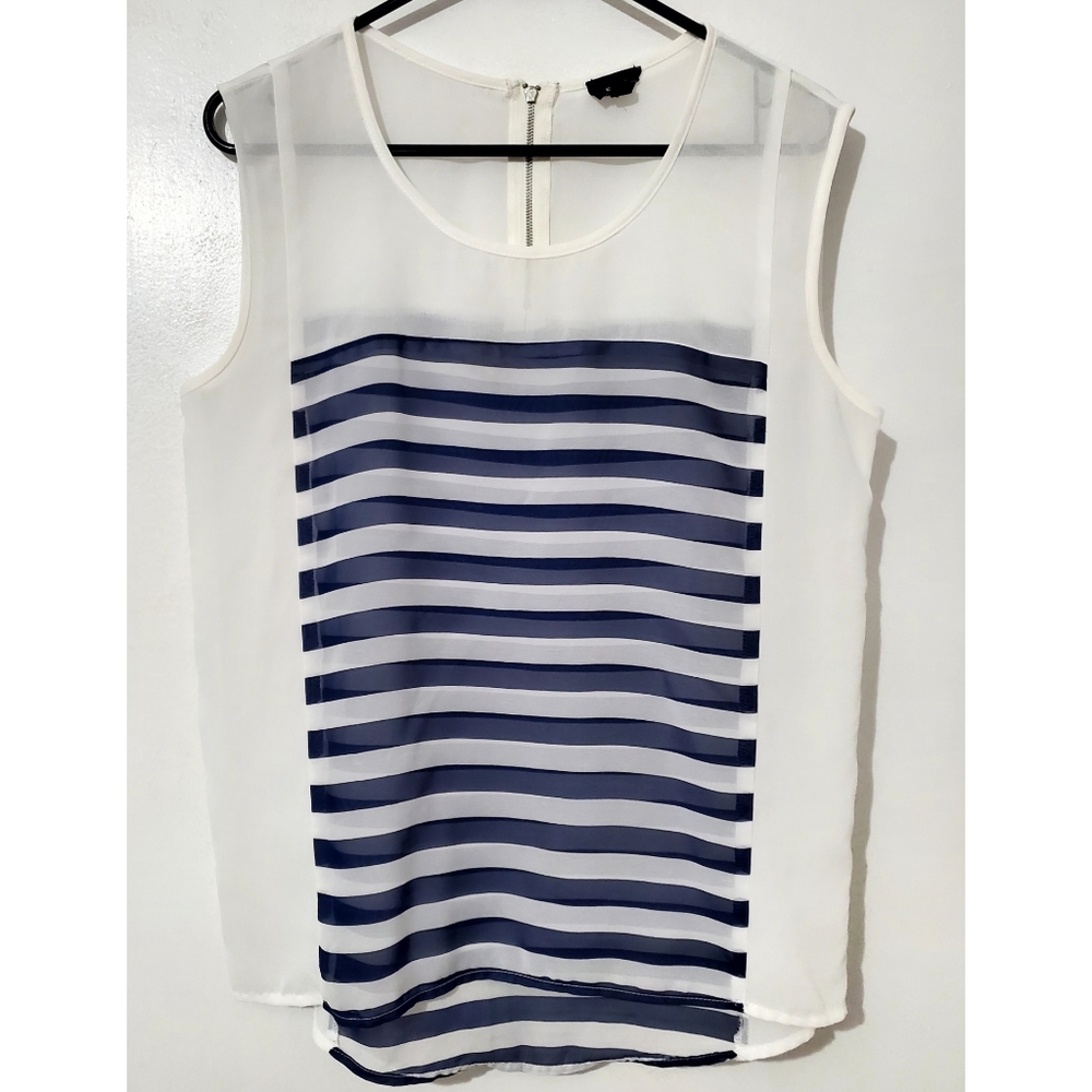 Fate Women's Navy and White Striped Sheer Tank Medium